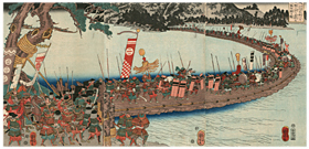 国芳　Kuniyoshi 『楠正行長柄川の舟橋を切て足利の大軍を破る図』−信長・長良川・美濃攻め−