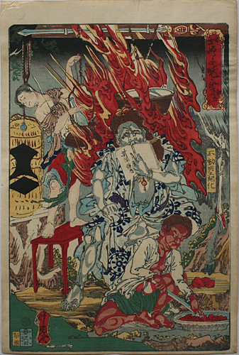 相撲／河鍋暁斎 (歌川国芳・狩野洞白師事) 掛軸 絹本：幕末 浮世絵師